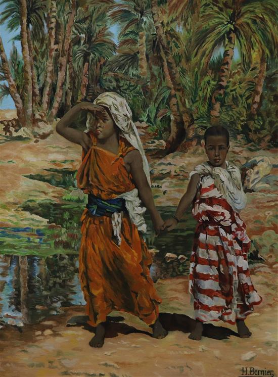 H. Bernier North African children beside palm trees 68 x 50cm